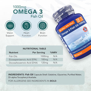 Omega 3 Fish Oil 1000Mg, 360 Softgel Capsules. 12 Months Supply. EPA 180Mg DHA 120Mg. Supports Heart, Brain Function and Eye Health.