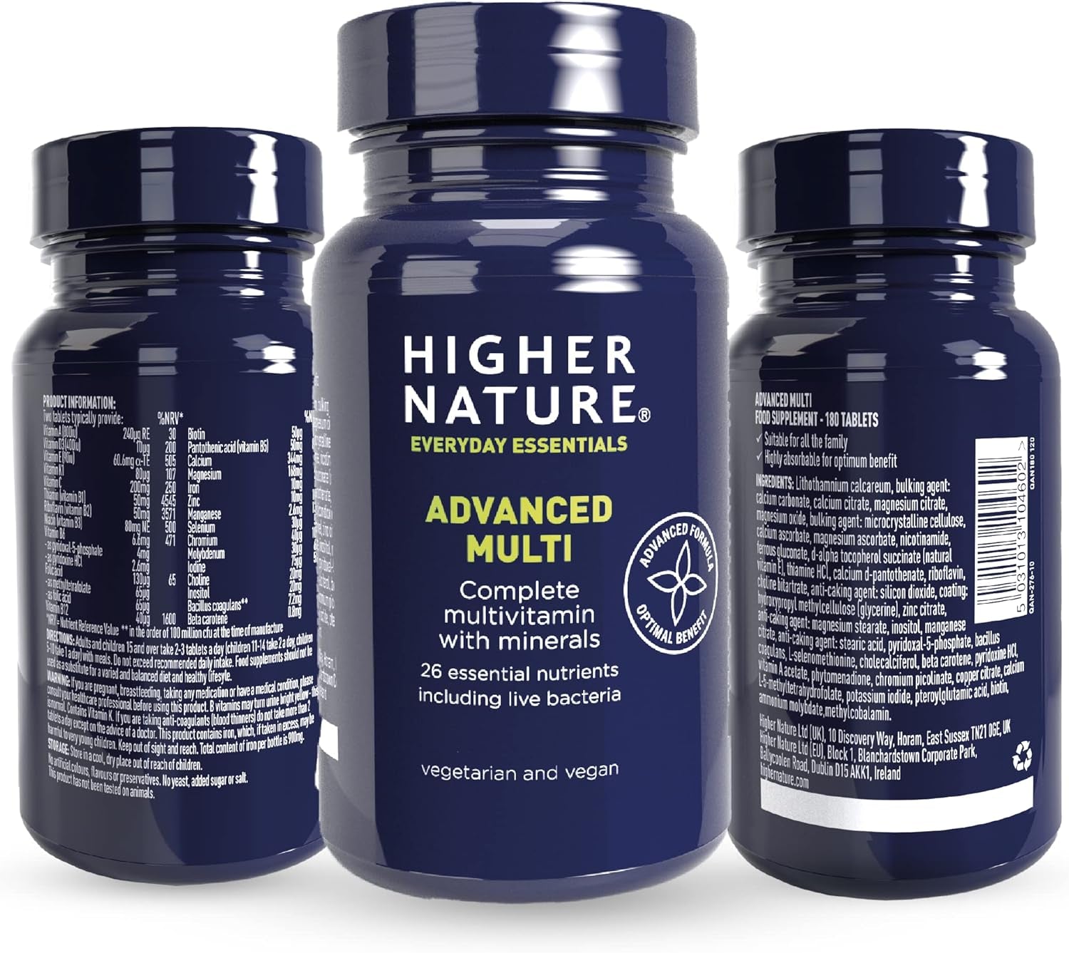 Higher Nature - Advanced Multi - Multi Vitamins Supplements - 26 Essential Vitamins, Minerals & Live Bacteria - 180 Tablets