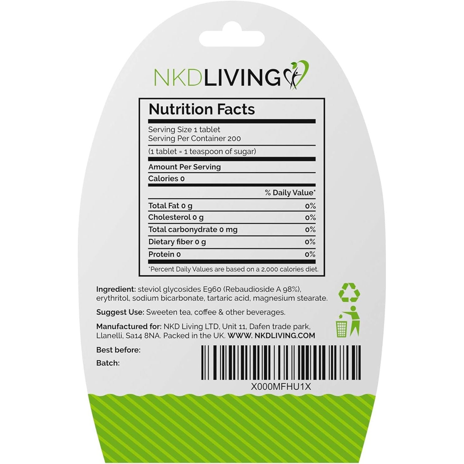 NKD Living Pure Stevia Sweetener Tablets - 200 Tablets - Non-Bitter