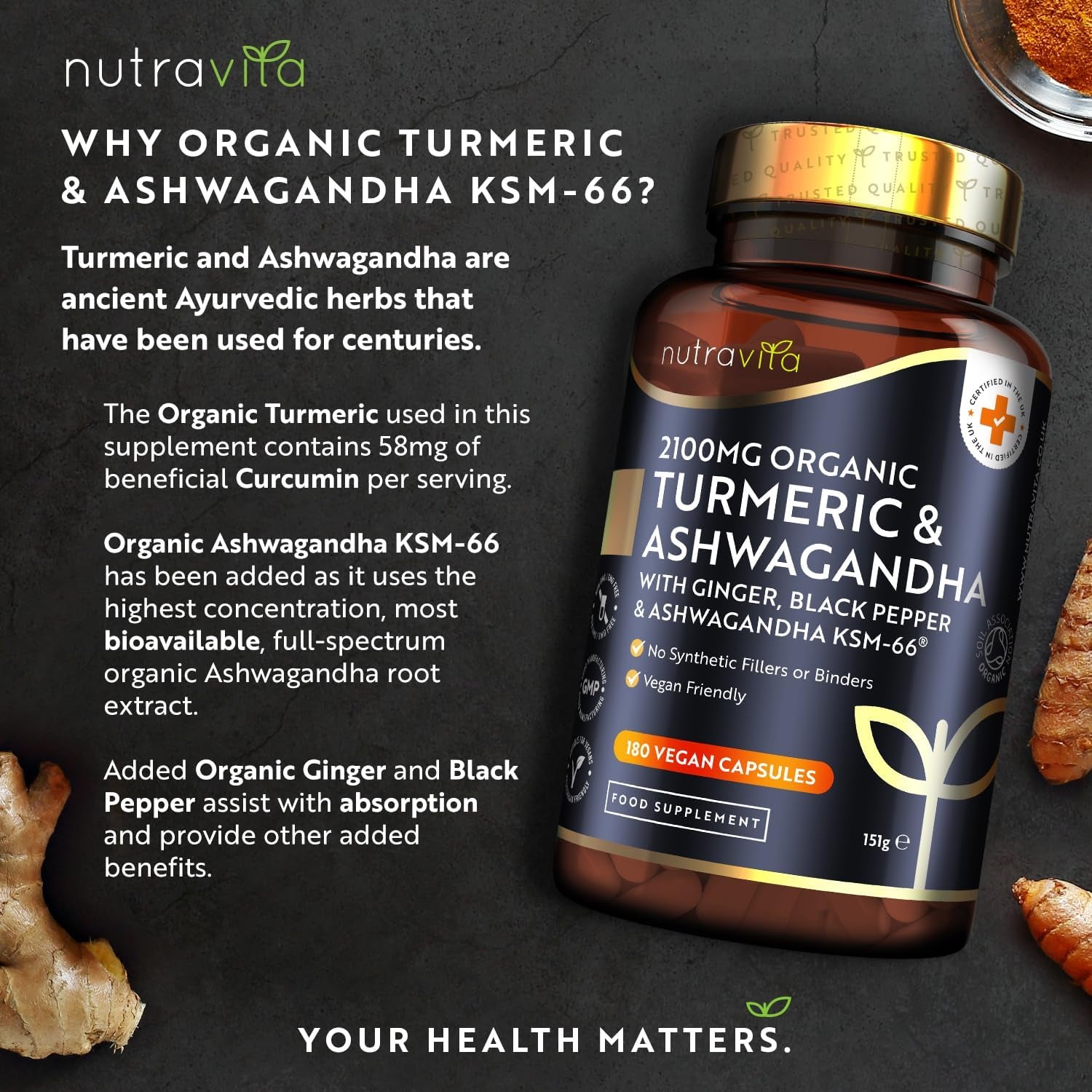 Nutravita Turmeric & Ashwagandha KSM-66 ® - 180 High Strength Capsules with Ginger & Black Pepper - Organic Tumeric & Ashwagandha Supplement - Vegan & Gluten Free - UK Made