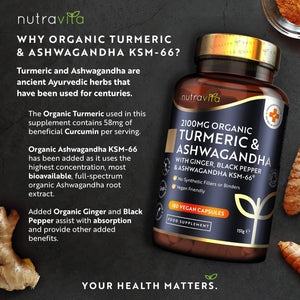 Nutravita Turmeric & Ashwagandha KSM-66 ® - 180 High Strength Capsules with Ginger & Black Pepper - Organic Tumeric & Ashwagandha Supplement - Vegan & Gluten Free - UK Made