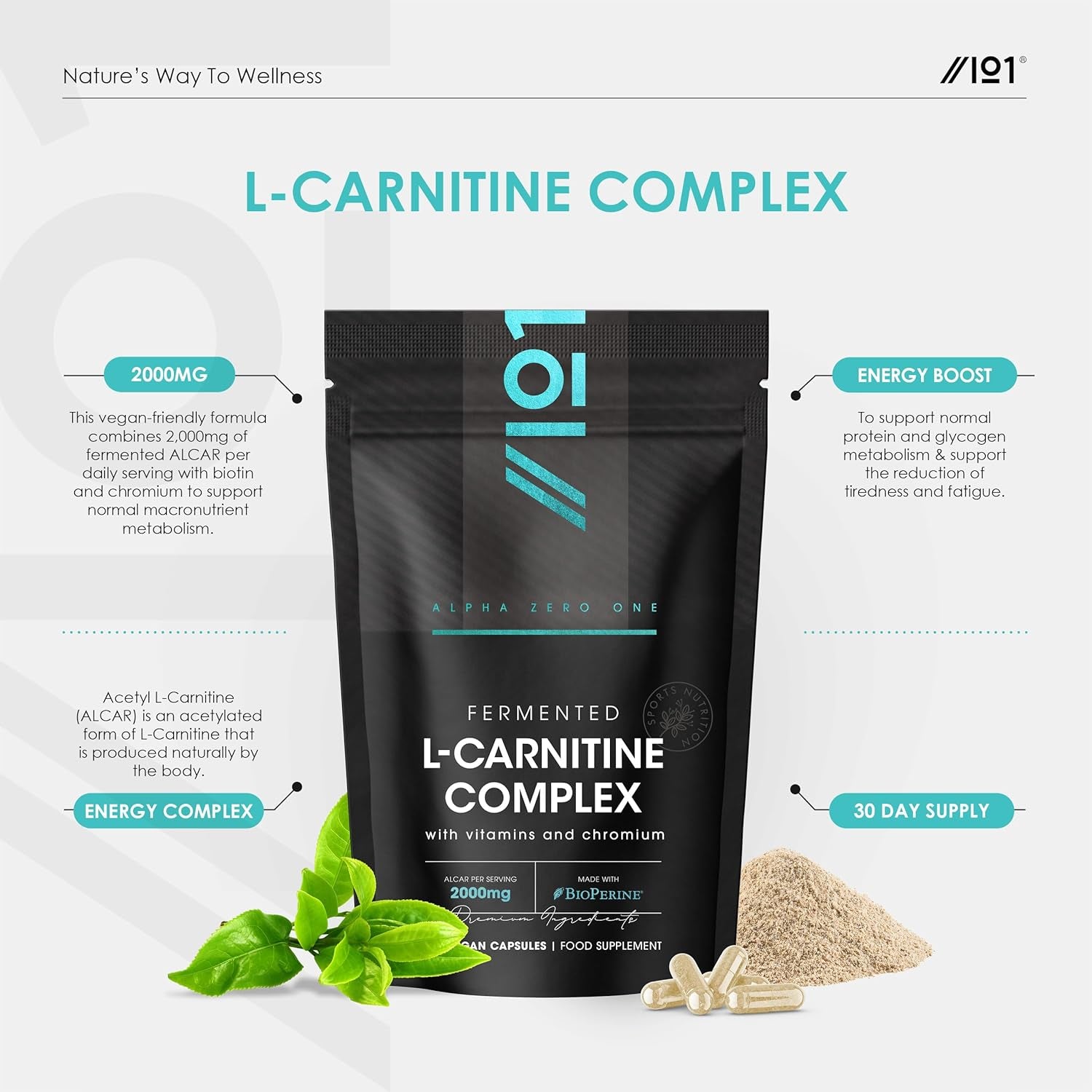 L-Carnitine 2000Mg with Bioperine - 120 Capsules - Energy & Metabolism Support - High Strength Acetyl L-Carnitine Complex (30 Day Supply) by Alpha01