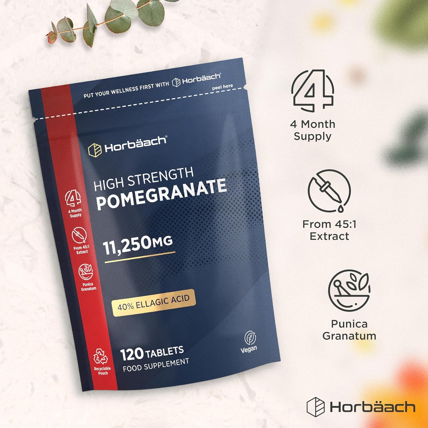 Pomegranate Extract 11,250Mg | 120 Tablets (4 Month Supply) | High Strength Vegan Supplement with 100Mg of Ellagic Acid | 45:1 Extract Formula | by Horbaach