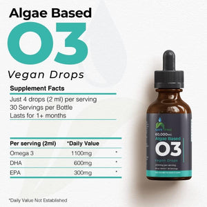 Safefine Omega 3 Liquid Vegan Drops - DHA from Algae Oil - 60 Ml Dropper Bottle - 2000 Mg per Serving Plant Based Algae Source Supports Heart Brain & Eyes