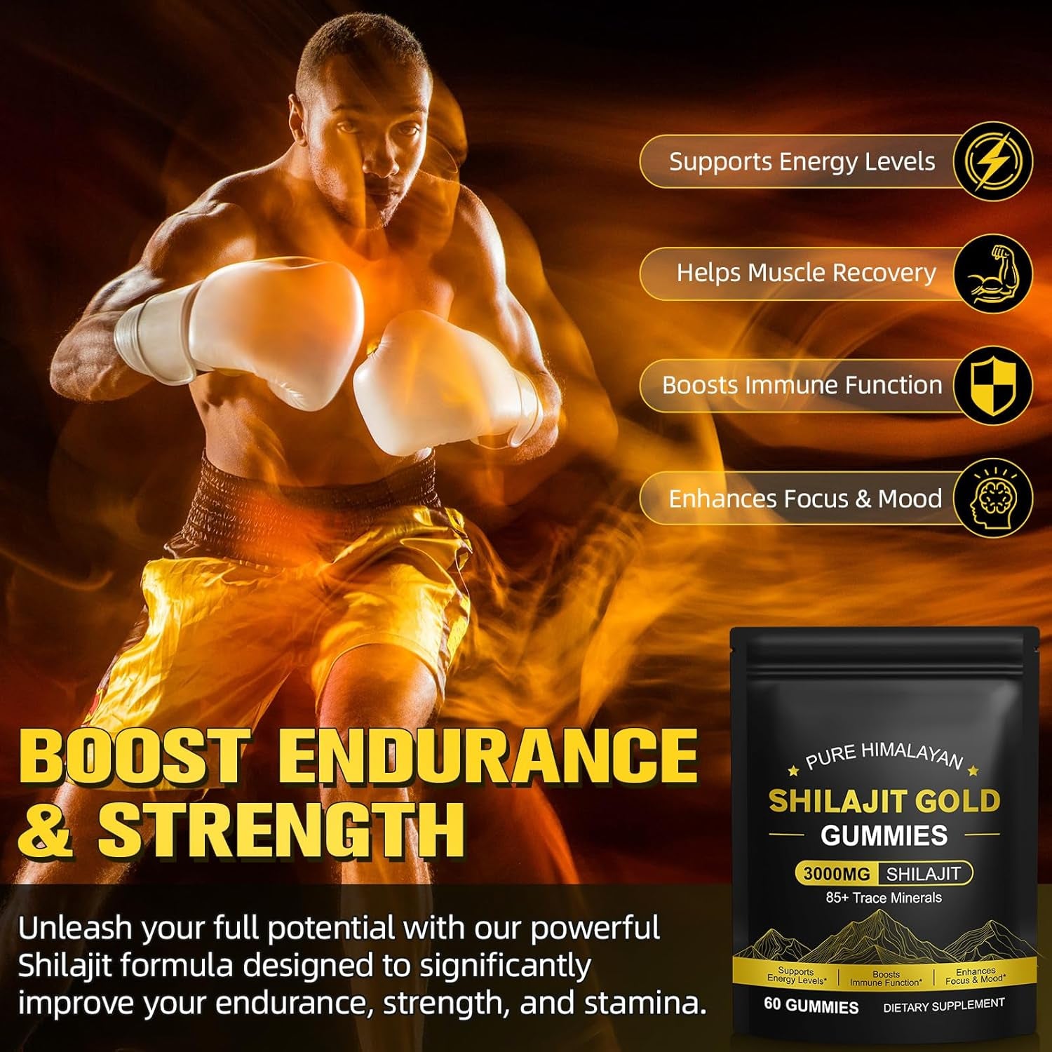 Shilajit Gummies 3000Mg, Pure Himalayan Gold with Ashwagandha, Chaga & Fulvic Acid, 85+ Trace Minerals for Energy, Immunity & Vitality, Vegan, Sugar-Free, Gluten-Free, Non-Gmo, 60 Gummies