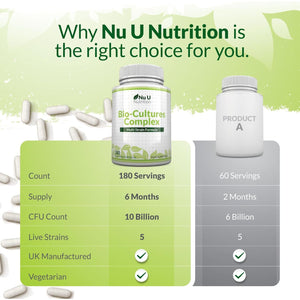 Bio-Cultures Complex - 180 High Strength Capsules - Lactobacillus Acidophilus, Rhamnosus & Bifidobacterium - 6 Month Supply - Gentle Vegetarian Multi-Strain Formula for Men & Women - Nu U Nutrition