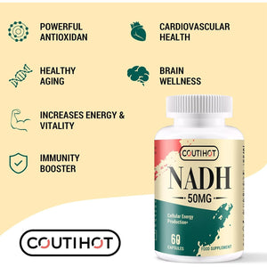 NADH 50 Mg plus Coq10 200 Mg, NADH Capsules - Energy and Fatigue Support, ATP Production - 60 Counts for 60-Day Supply
