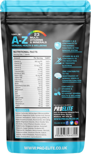 Multivitamins & Minerals - 365 Vegan Tablets - One a Day 100% RDA - 23 Essential Vitamins & Minerals in A-Z Multivitamin Tablet - Made in the UK by PROELITE