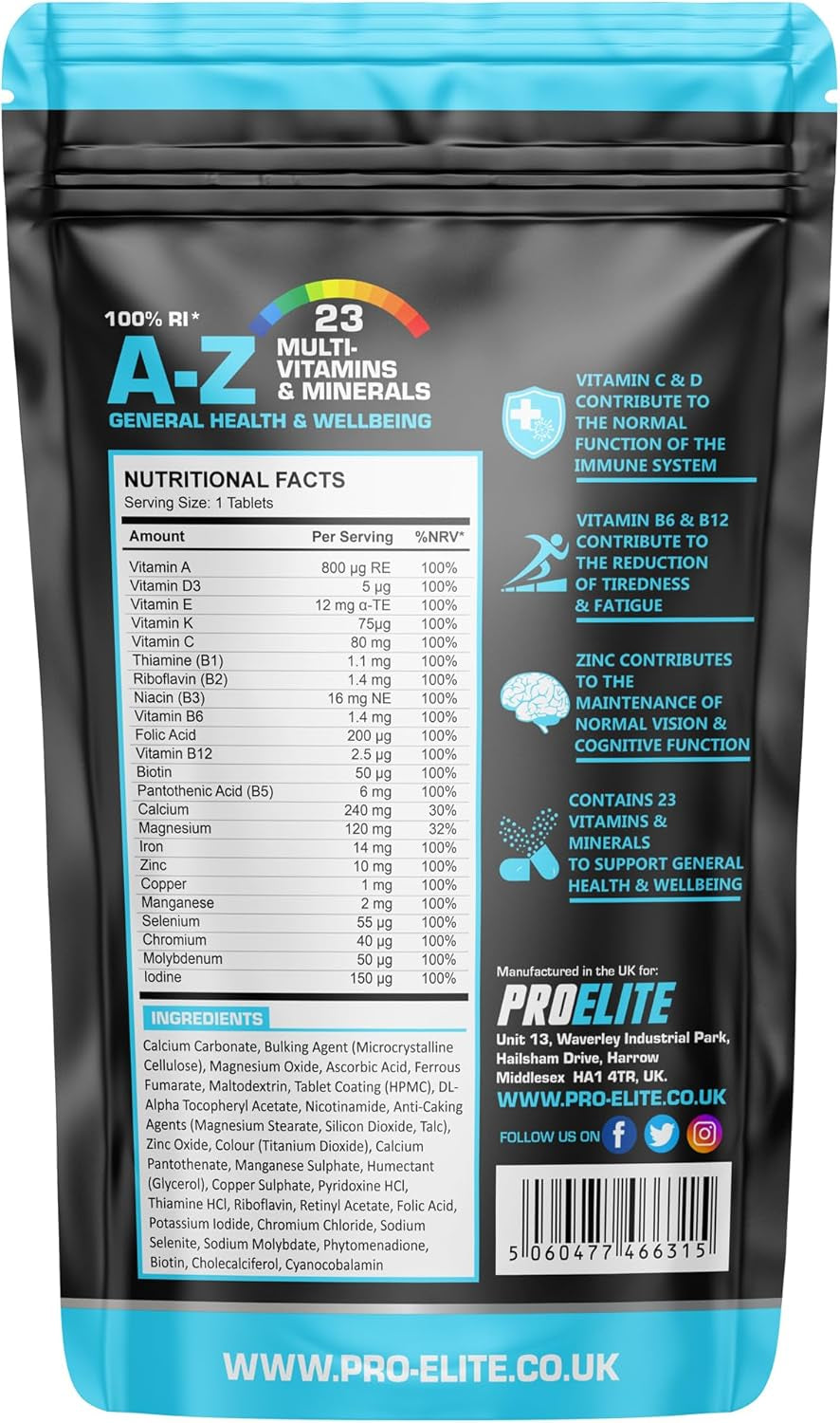 Multivitamins & Minerals - 365 Vegan Tablets - One a Day 100% RDA - 23 Essential Vitamins & Minerals in A-Z Multivitamin Tablet - Made in the UK by PROELITE
