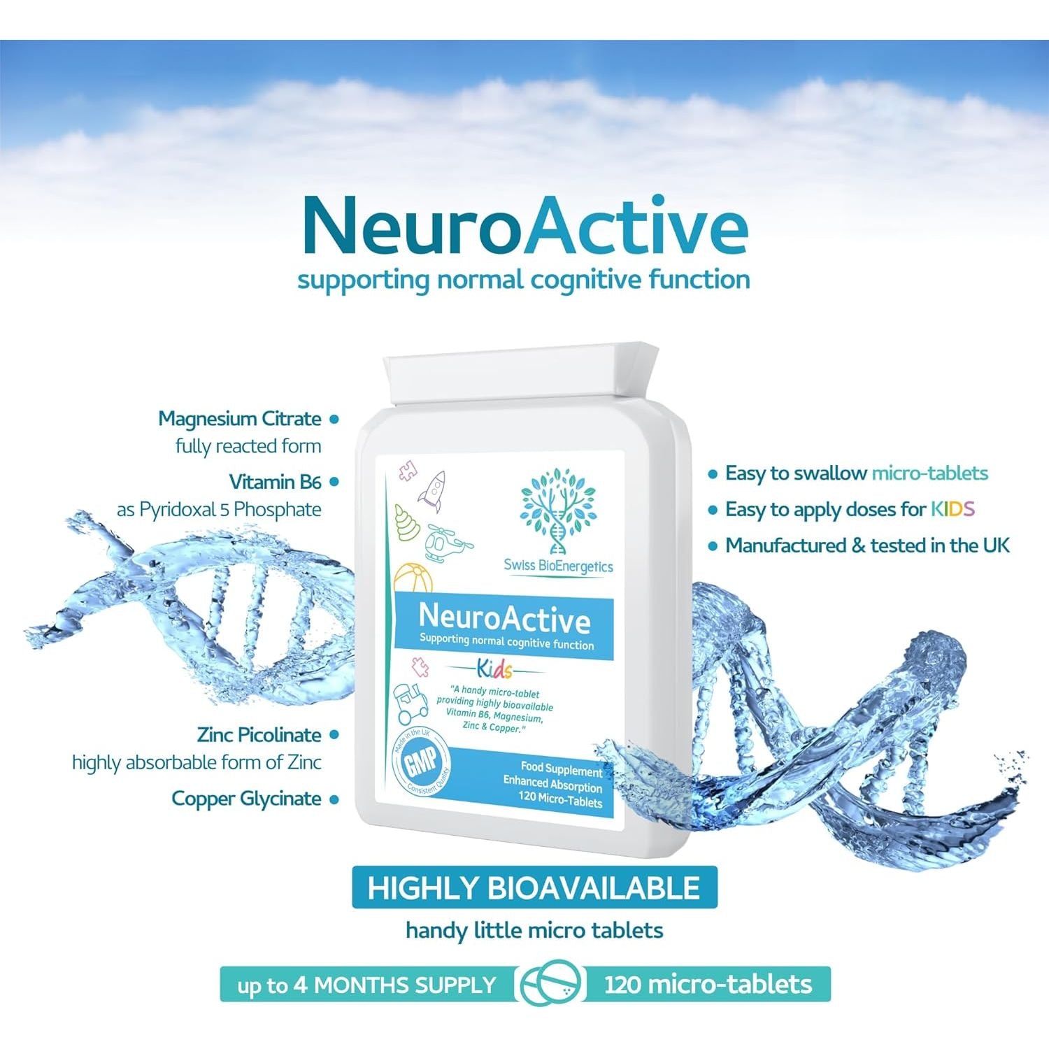 Neuroactive 120 Highly Bioavailable Micro-Tablets - Magnesium Citrate, Zinc Picolinate, Copper Glycinate & Vitamin B6 Balanced for Children and Adults - Vegan - UK Made