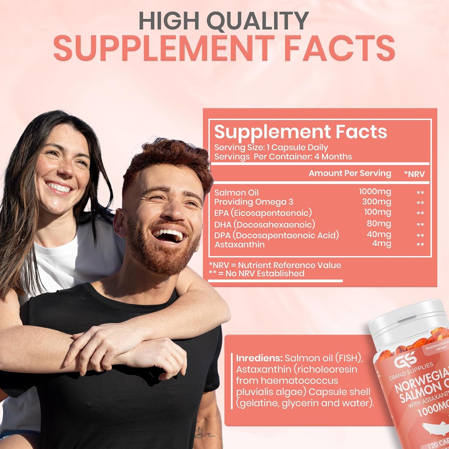 Norwegian Salmon Oil with Astaxanthin 1000Mg - 4 Months / 120 Days Supply - Pink Peptide Omega 3 6 9 Capsules High Strength - Rich in EPA, DHA & DPA, Burpless Taste