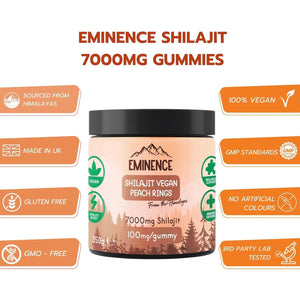 Eminence 7000Mg Pure Himalayan Shilajit Gummies | 100% Vegan | High Strength Organic Fulvic Acid Supplement | Natural Energy Booster | Women & Men | Made in UK - Peach Rings
