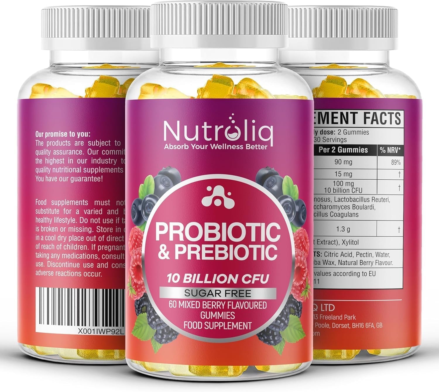 Nutroliq Prebiotic & Probiotic Sugar-Free Gummies - Gut Health Supplements for Women, Men, Kids to Support Digestive System, Immune System Booster - 10 Billion CFU per Serving, Vegan - 60 Gummies