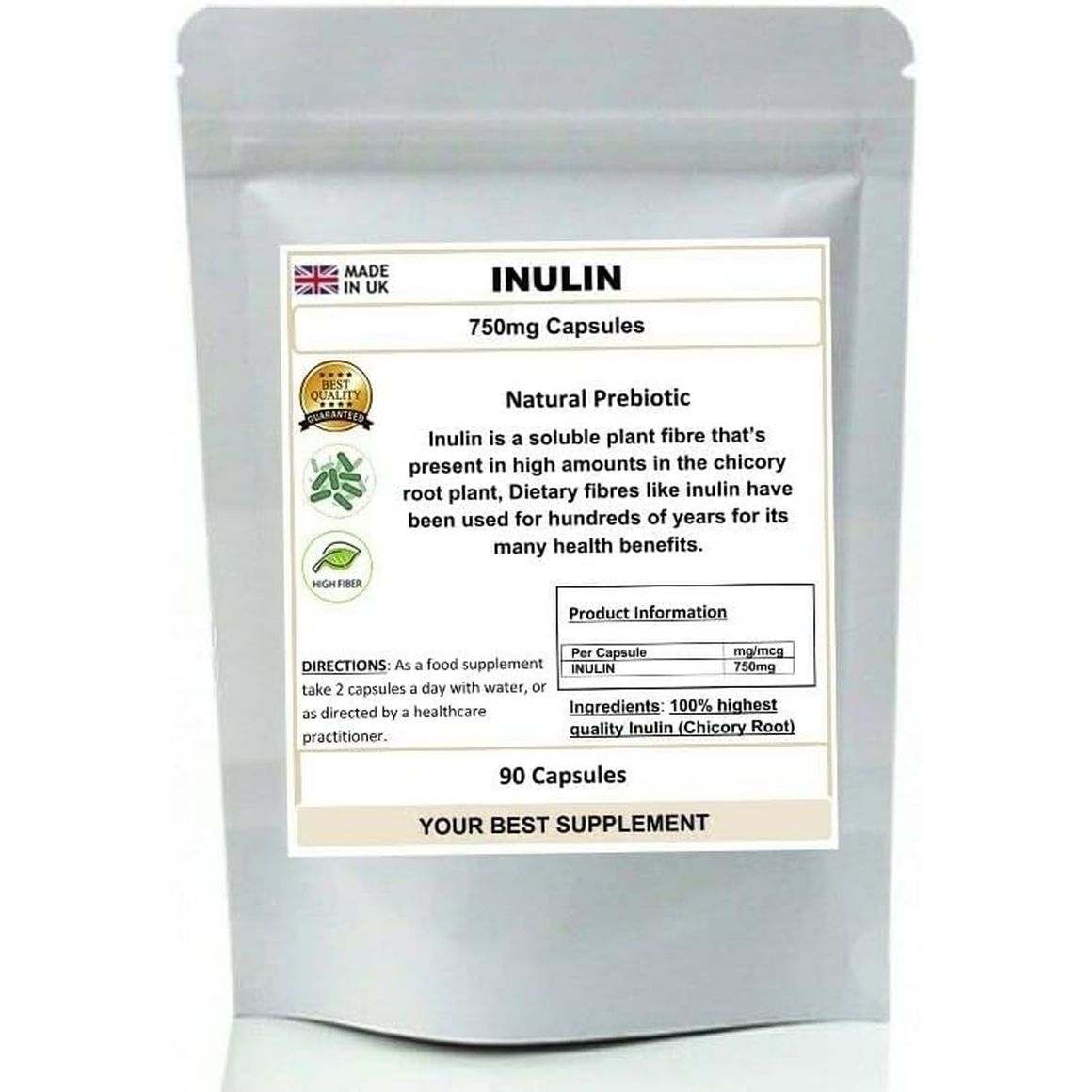 Inulin Capsules Natural Prebiotic Pure No Additives (High Grade) 90