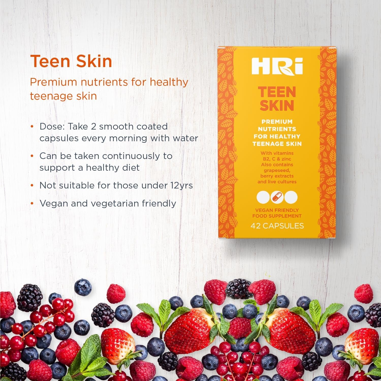 HRI Teen Skin Kids Vitamins - Multivitamin for Kids 12-18 Years - to Aid Health and Well Being of Teens. Healthy Immune System, Gut, Skin Care for Teenage Girls and Boys. 42 Vegan Capsules