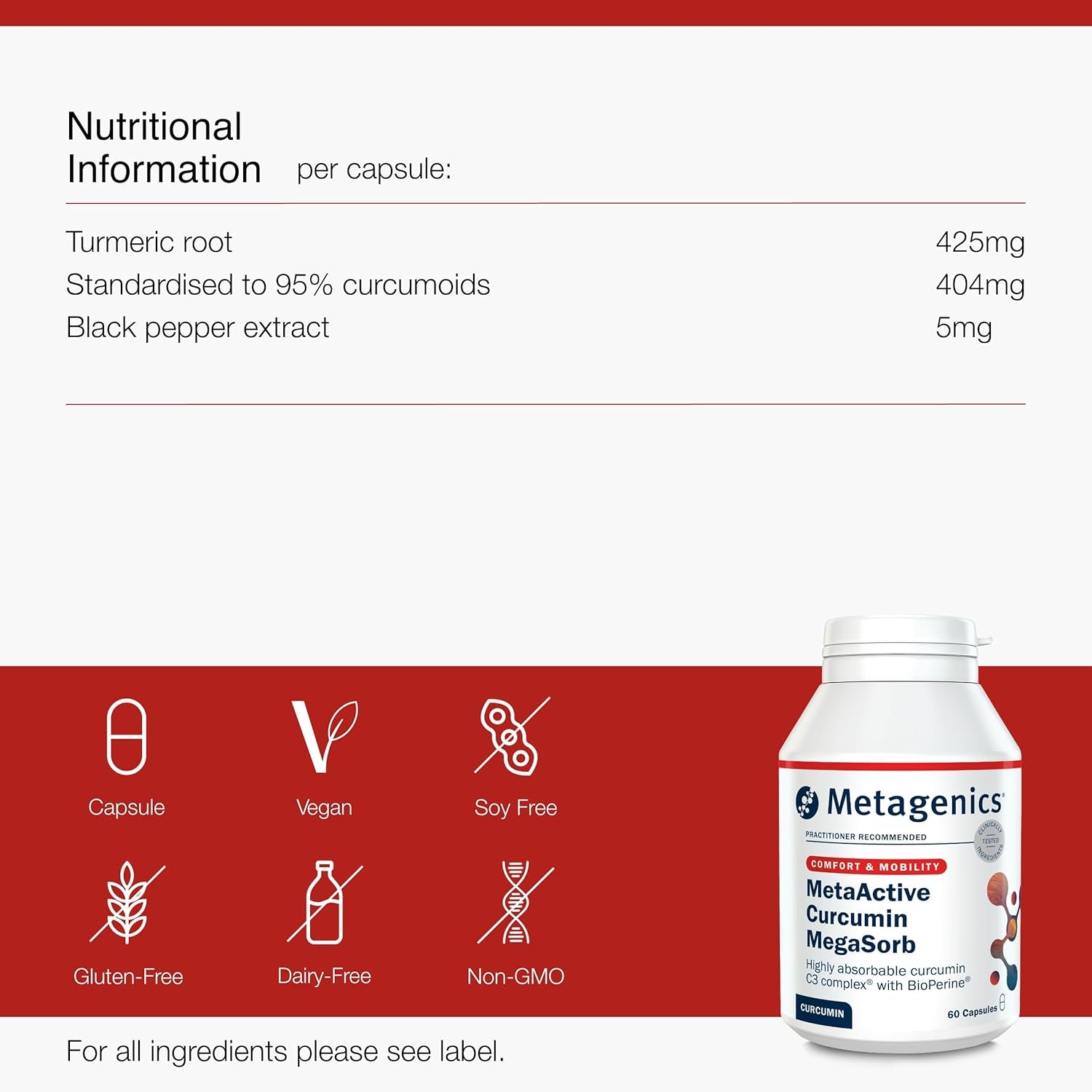 Metagenics Metaactive Curcumin Megasorb - High Potency - with Black Pepper Extract - Helps Support Joints and Mobility - 60 Capsules