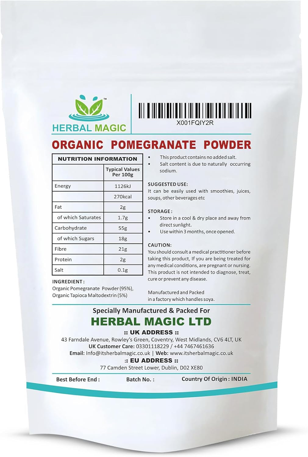 Herbal Magic'S Organic Pomegranate Fruit Powder, Spray Dried - Rich & Vibrant Smoothies, Shakes, Juices, Baking - Free from Artifical Flavour & Preservatives - 100G(Pack-1)