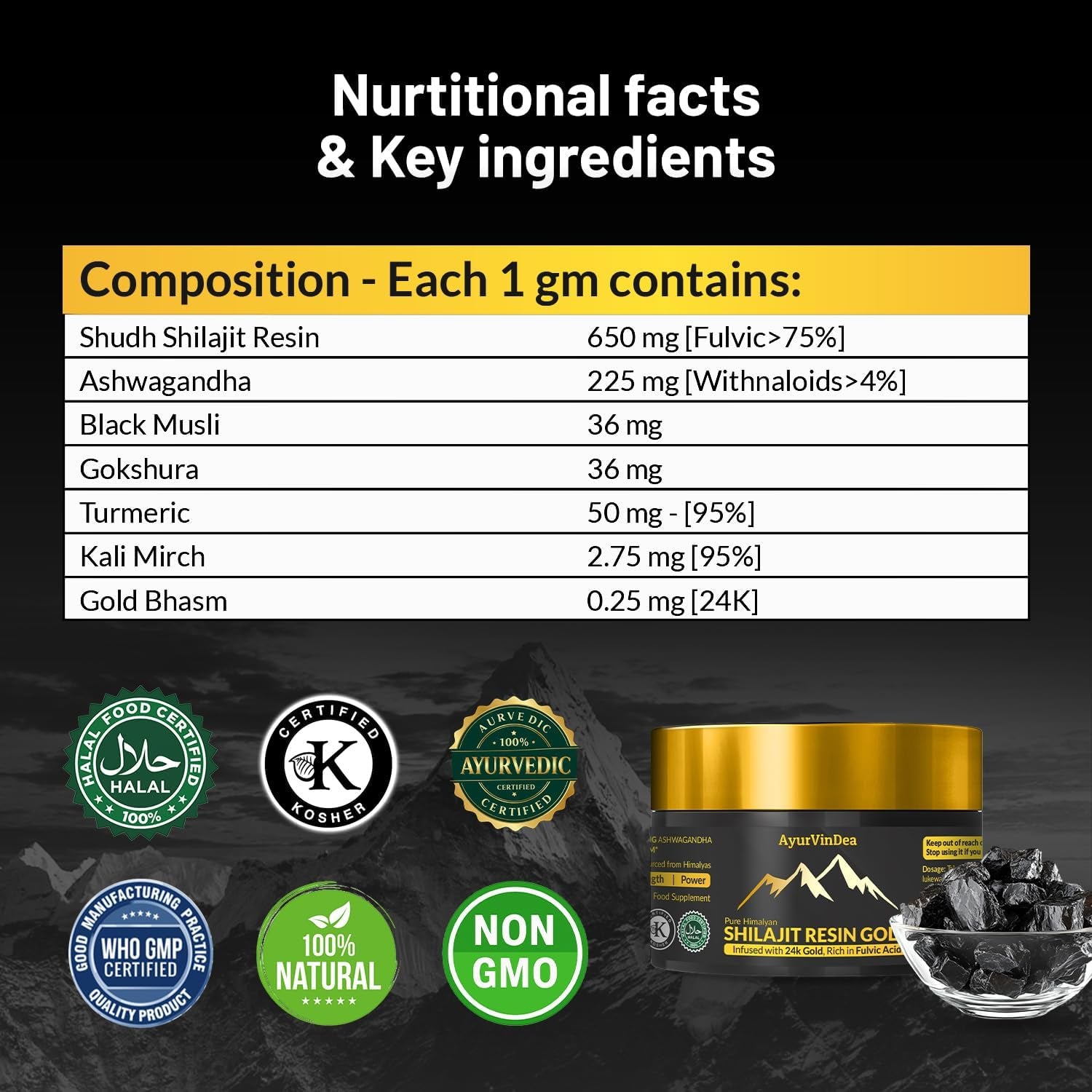 Ayurvindea Pure Shilajit Resin 30G – Himalayan Shilajit with 24K Gold and Ashwagandha – Rich in Minerals and Fulvic Acid – Natural Support for Energy, Strength & Vitality – 60 Day Supply – Vegan