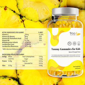 Troo Health Care Tummy Gummies Probiotics with Vitamins for Kids & Adults - 150 Natural Pineapple Active Bacteria Gummies with Vitamin C, B3, B5 & B6 to Support Immune Function & Mental Development