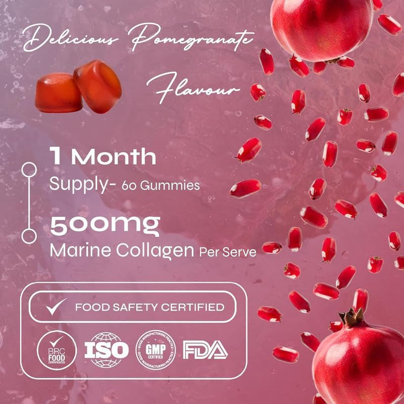 Known Delicious Marine Collagen Gummies - 500Mg Collagen, Vitamin A, C - Skin Support - Natural Pomegranate Flavour - 60 Gummies, 2 Months Supply