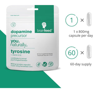 Dopamine Supplements | Natural L Tyrosine Supplement 800Mg | 1-A-Day L-Tyrosine High Strength Capsules (60) | Dopamine Brain Food Nootropic | Alertness & Motivation | Vegan | 2-Month Supply