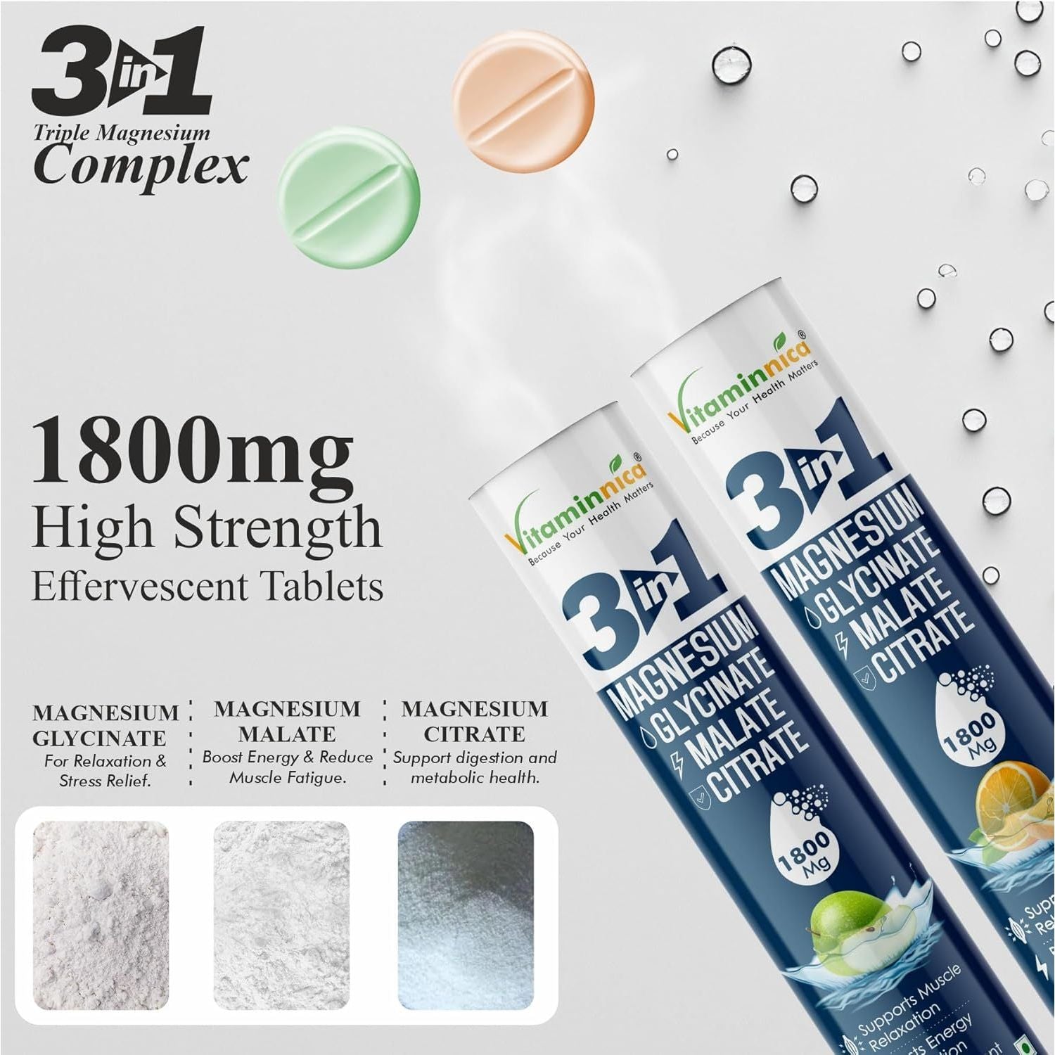 Vitaminnica Magnesium 3-In-1 Effervescent- 15 Tablets – High Absorption Magnesium Malate, Citrate & Glycinate – Energy, Muscle Function & Relaxation – Sugar-Free (Pack of 1, Orange)