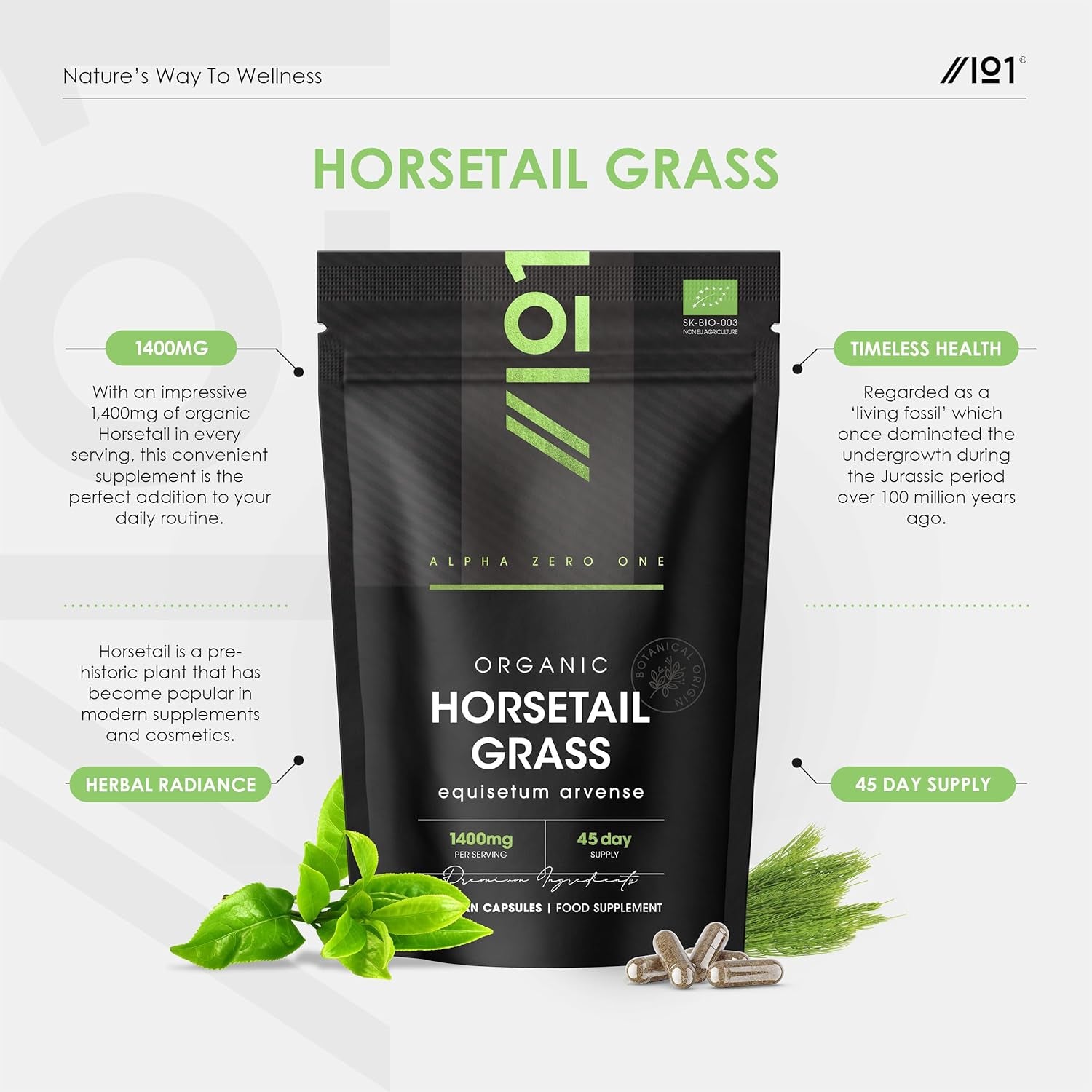 Organic Horsetail 1400Mg – 90 Vegan Capsules (45 Day Supply) – Pure & Potent Powder – Resealable and Recyclable Pouch by Alpha01