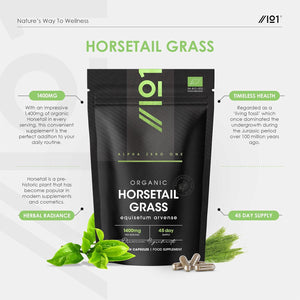 Organic Horsetail 1400Mg – 90 Vegan Capsules (45 Day Supply) – Pure & Potent Powder – Resealable and Recyclable Pouch by Alpha01