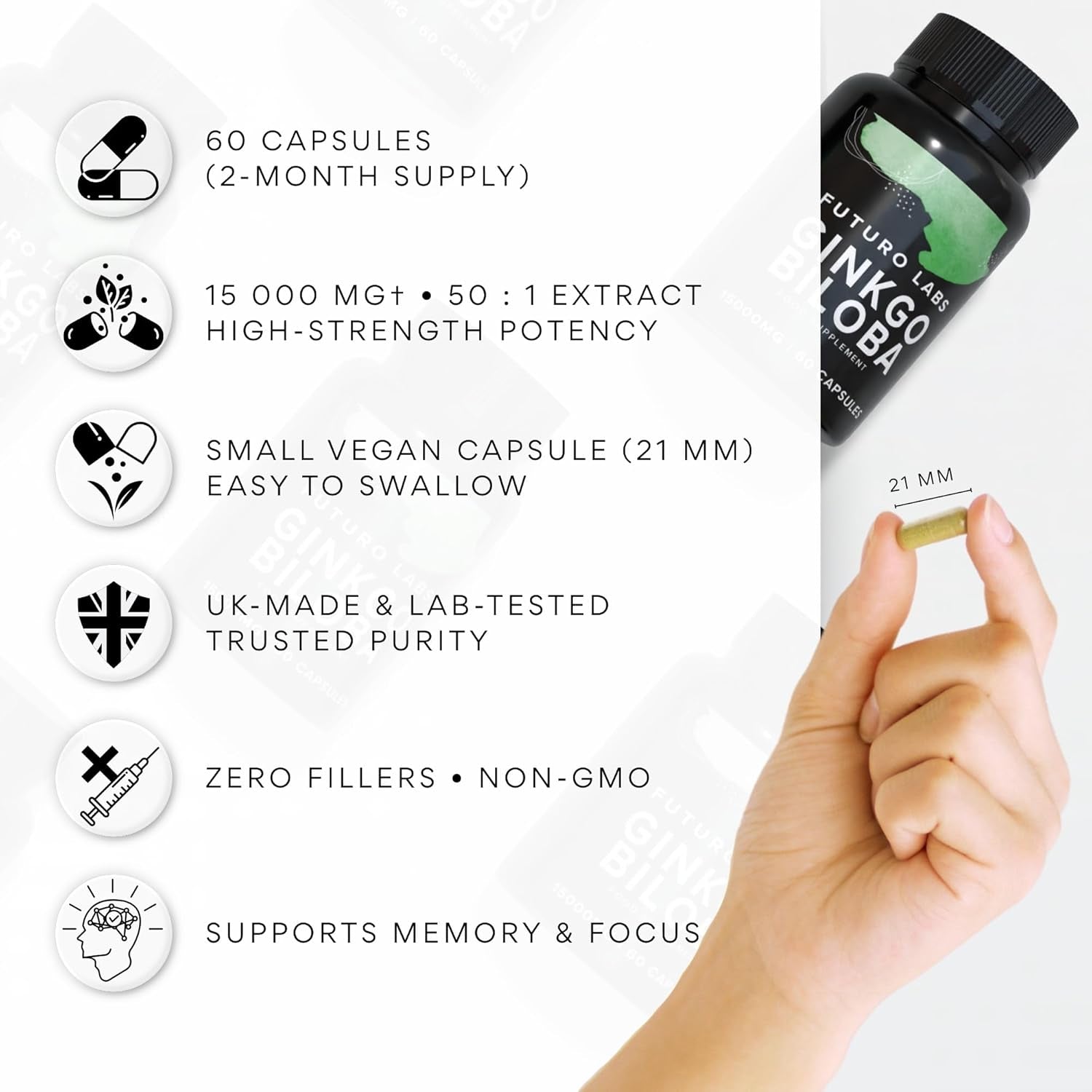 Ginkgo Biloba Capsules 15,000Mg - 60 Capsules (2 Months Supply) - Standardised Leaf Extract - High Strength, Vegan, Lab Tested & Gluten Free - Made in the UK