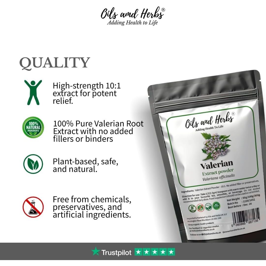 Organic Valerian Root Extract Powder by Oils and Herbs UK (10:1) High Strength - 100% Pure Free from Any Addictive or Sugar (50)