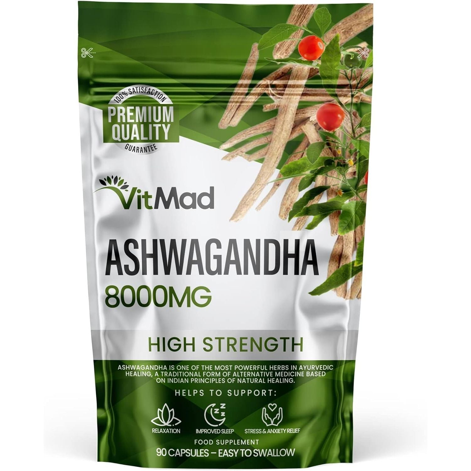 Ashwagandha 8000Mg, Pure High Strength Ashwagandha Root Extract Withanolides, Mood, Stress, Anxiety, 90 Vegan Capsules