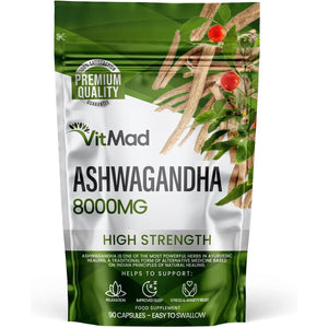 Ashwagandha 8000Mg, Pure High Strength Ashwagandha Root Extract Withanolides, Mood, Stress, Anxiety, 90 Vegan Capsules