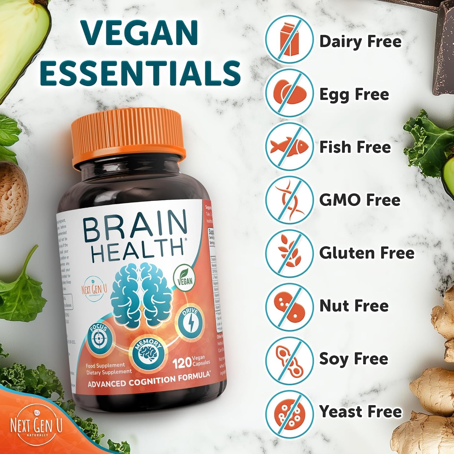 Brain Supplement - 120 Vegan Capsules - Dietary Nootropic May Help Memory, Cognitive Function & Focus - Formulation with Amino Acids, Polyphenols & B Vitamins - for Women, Men & Seniors - by Nextgenu
