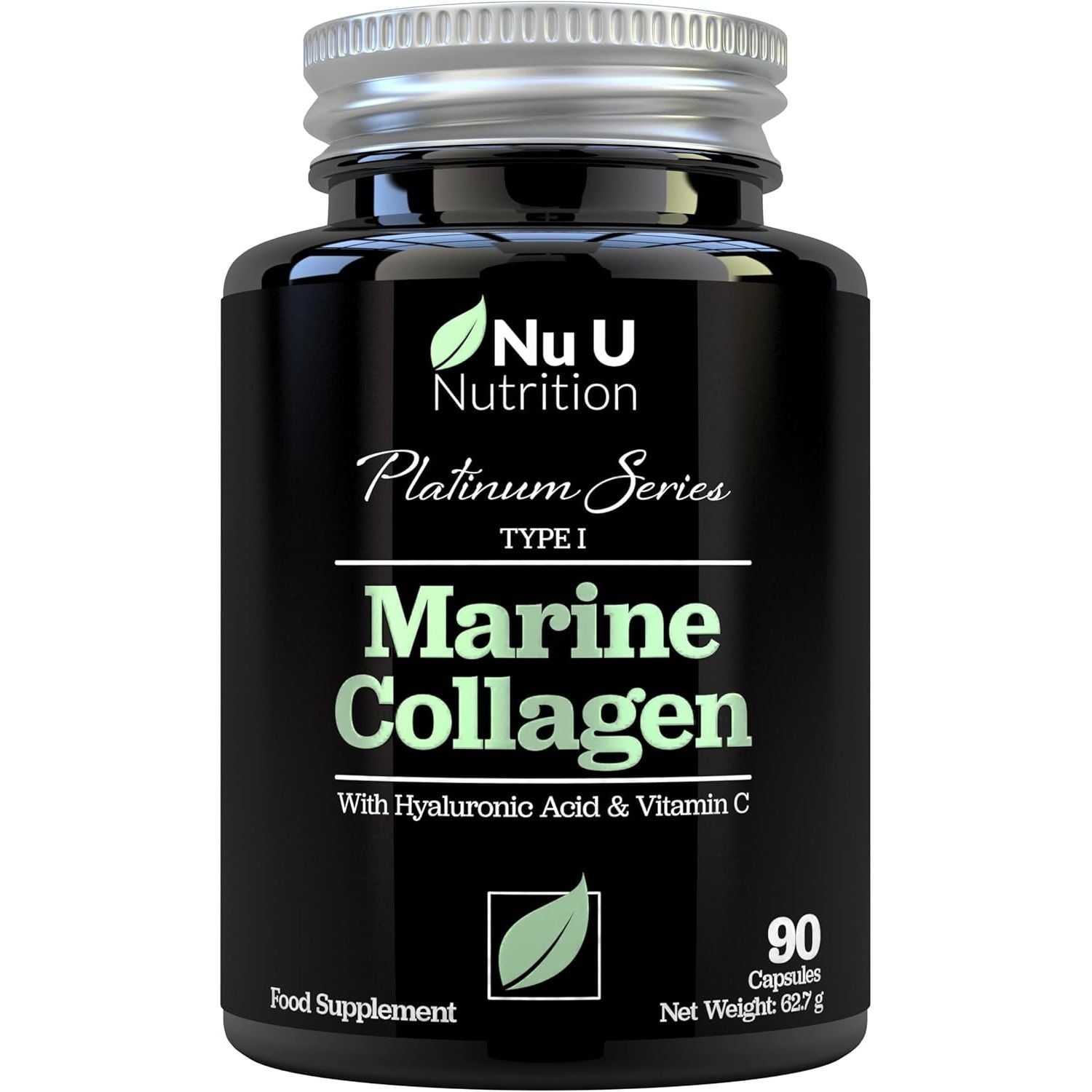 Marine Collagen with Hyaluronic Acid, Vitamin C - 90 Hydrolyzed Capsules (Not Tablets) - Premium High Strength Collagen Supplements for Women & Men - Type 1 Marine Collagen - Nu U Nutrition