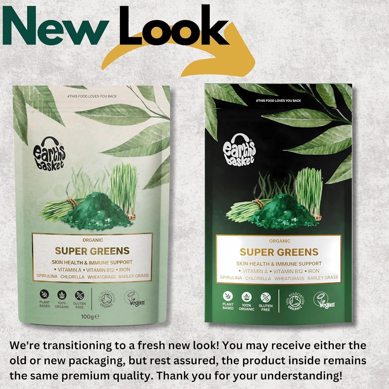 Earths Basket Organic Super Greens Powder - 100G - Blend of Spirulina, Chlorella, Wheatgrass & Barley Grass - Rich in Vitamin A, B12 & Iron