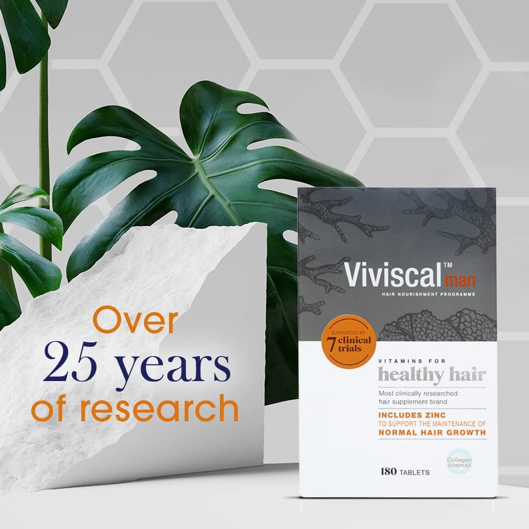 Viviscal Hair Supplement for Men, Pack of 180 Tablets, Natural Ingredients with Rich Marine Protein Complex Aminomar C, Zinc & Flax Seed, Contributes to Healthy Hair Growth (3 Month Supply)