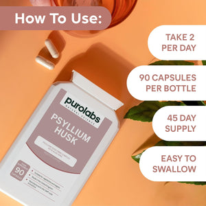 Purolabs Psyllium Husk Complex - High Purity 99.9% Fibre Supplement with Aloe Vera - Natural Digestive Support - Gut Health & Bowel Regularity - 90 Capsules