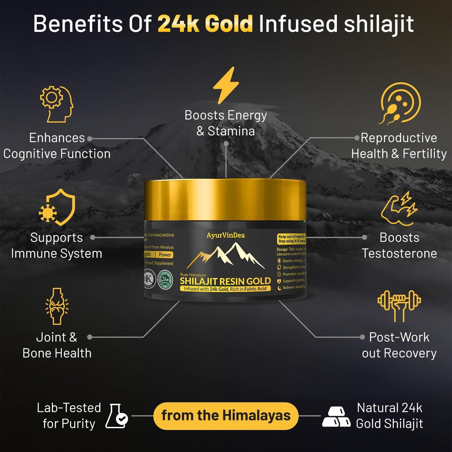 Ayurvindea Pure Shilajit Resin 30G – Himalayan Shilajit with 24K Gold and Ashwagandha – Rich in Minerals and Fulvic Acid – Natural Support for Energy, Strength & Vitality – 60 Day Supply – Vegan