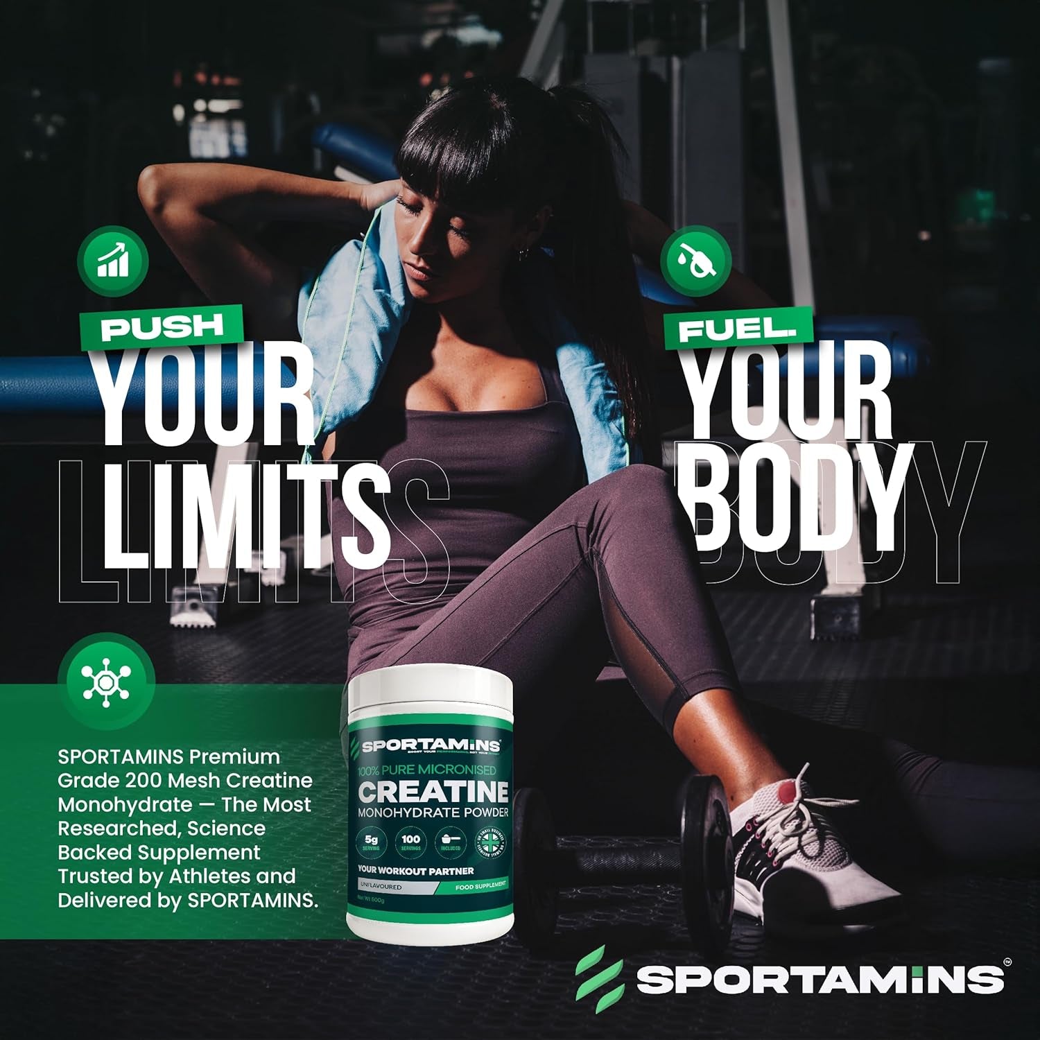 SPORTAMINS Creatine Monohydrate Powder 500G – 100% Pure Micronised Creatine Monohydrate – Unflavoured, 100 Servings – Muscle Growth, Strength & Recovery – Vegan, GMP Certified, Non-Gmo Supplement