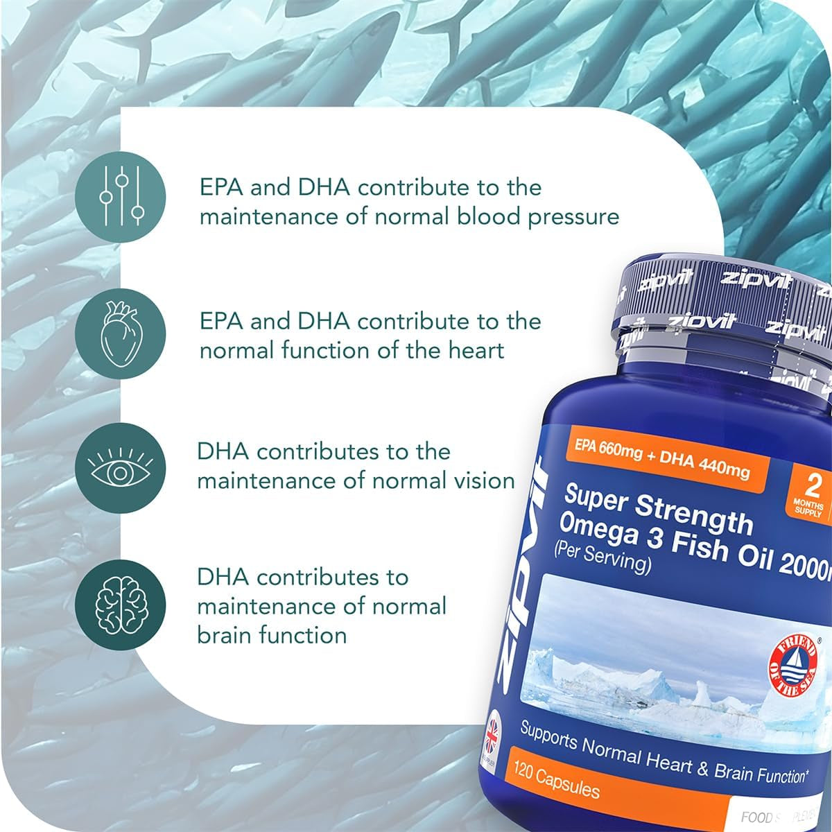 Omega 3 Fish Oil 2000Mg, EPA 660Mg DHA 440Mg per Daily Serving. 120 Capsules (2 Months Supply). Supports Heart, Brain Function and Eye Health. 2 Capsules per Serving