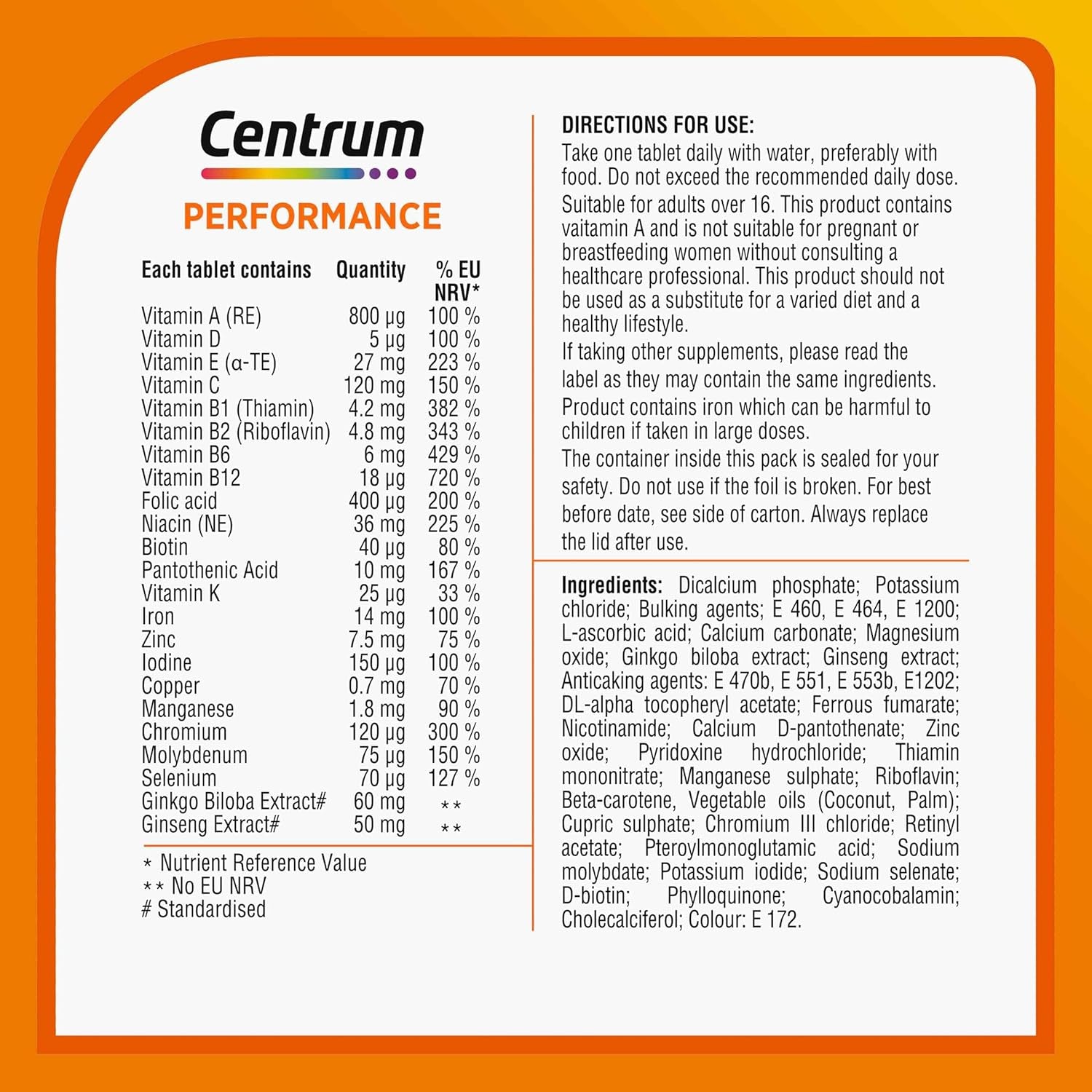 Centrum Performance Tablets Multivitamin & Mineral Supplements, 21 Essential Nutrients, Including Vitamin C, D, and Iron, 60 Ct