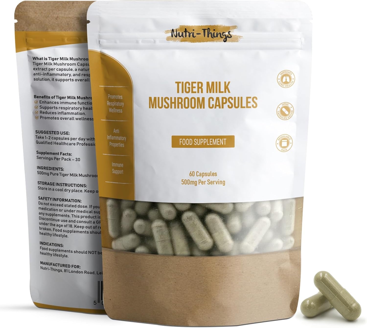 Tiger Milk Mushroom Capsules | Pure 500Mg Extract for Immune & Respiratory Support | Vegan-Friendly HPMC | Anti-Inflammatory Benefits | Enhances Lung Health | 60 Count Resealable Pack