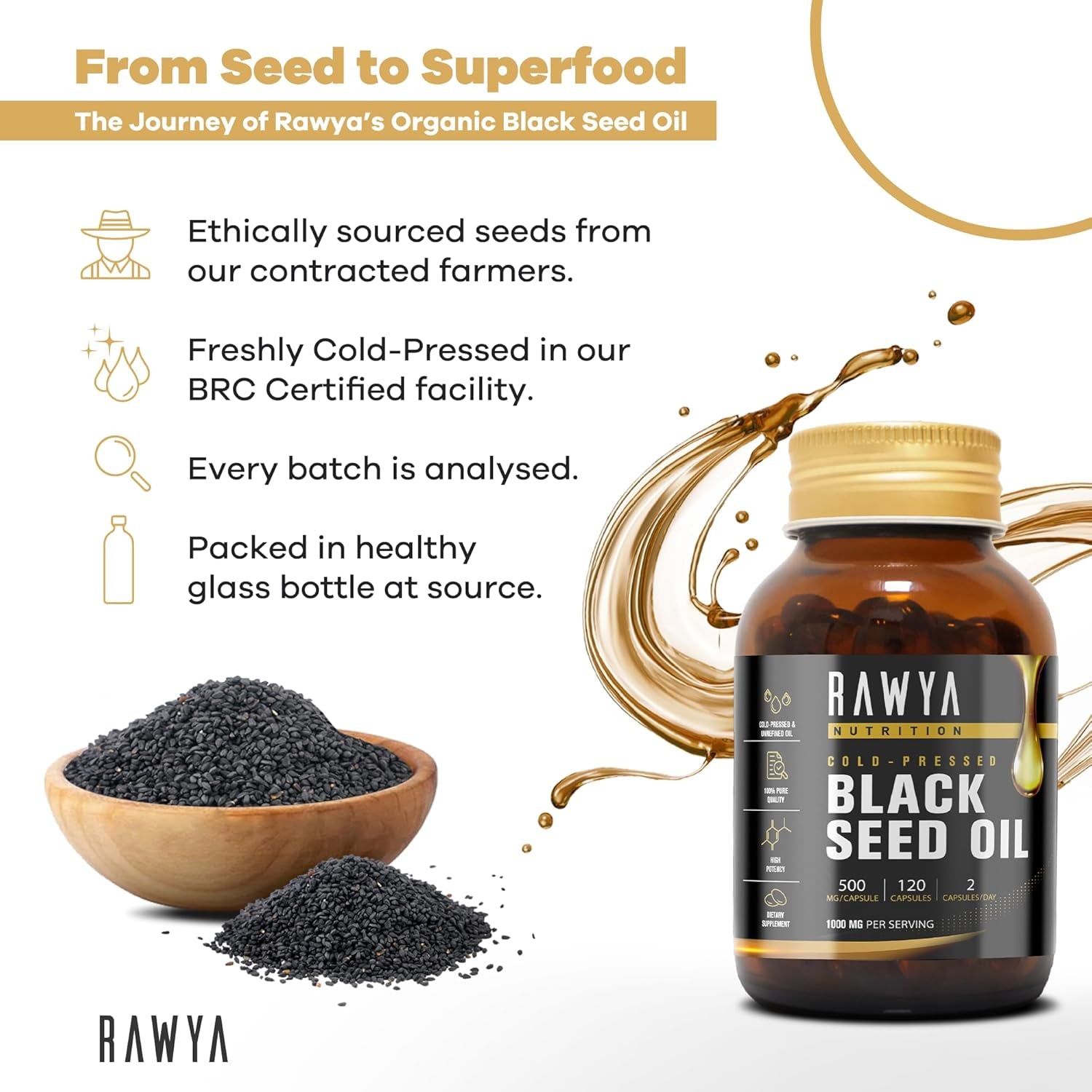 Rawya Black Seed Oil - 120 Softgel Capsules, Cold-Pressed Nigella Sativa, Pure Black Cumin Seed Oil, Rich in Omega Fatty Acids, Cumin Seeds for Radiant Skin & Hair Nourishment - 500Mg Each