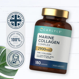 Marine Collagen Capsules 2900Mg with Hyaluronic Acid | Type 1 Hydrolysed Collagen Peptides | with Vitamin C, E, Biotin, Zinc, Turmeric Extract & Black Pepper | 180 Count | by Carlyle