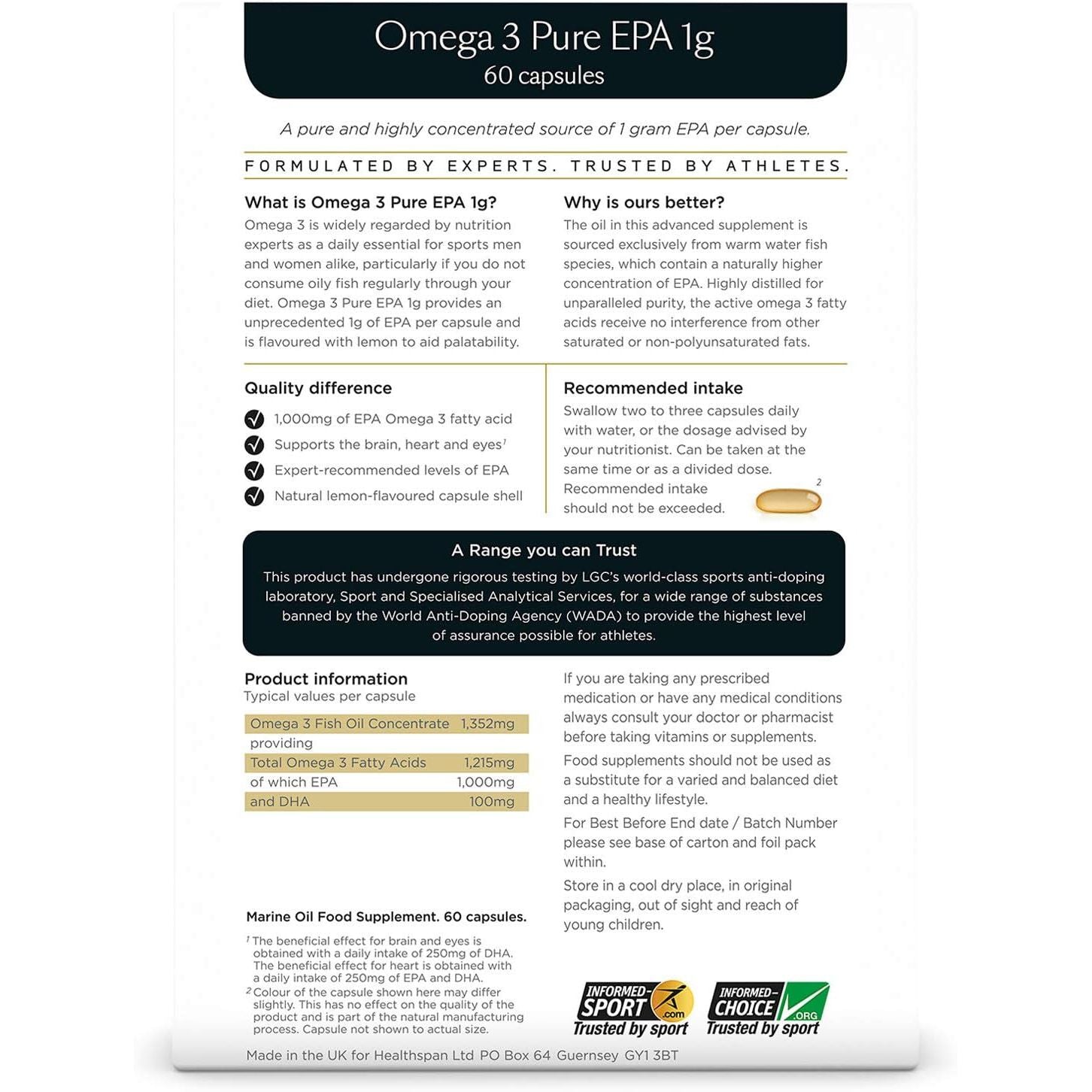 Healthspan Elite Omega 3 Pure EPA 1G | 60 Capsules | All Blacks Official Partner | Support Brain, Eye & Heart Health | 1,000Mg EPA Omega 3 Fatty Acid | Informed Sport Accredited | Lemon Flavoured