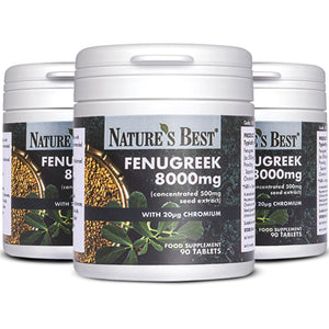 Fenugreek 8000Mg, Added Chromium to Support Blood Glucose Levels | 500Mg Seed Extract, and 250Mg of Active Saponins | High Strength | 90 Vegan Tablets, 2 a Day | UK Made
