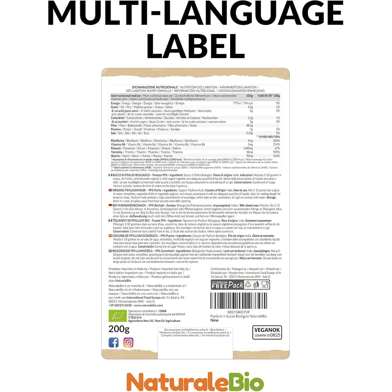 Naturalebio Organic Psyllium Husk - 99% Purity - 200G. Pure & Natural Psyllium Seed Husks, Produced in India. High in Fibre, to Be Mixed with Water, Beverages, & Juices, Vegetarian & Vegan.