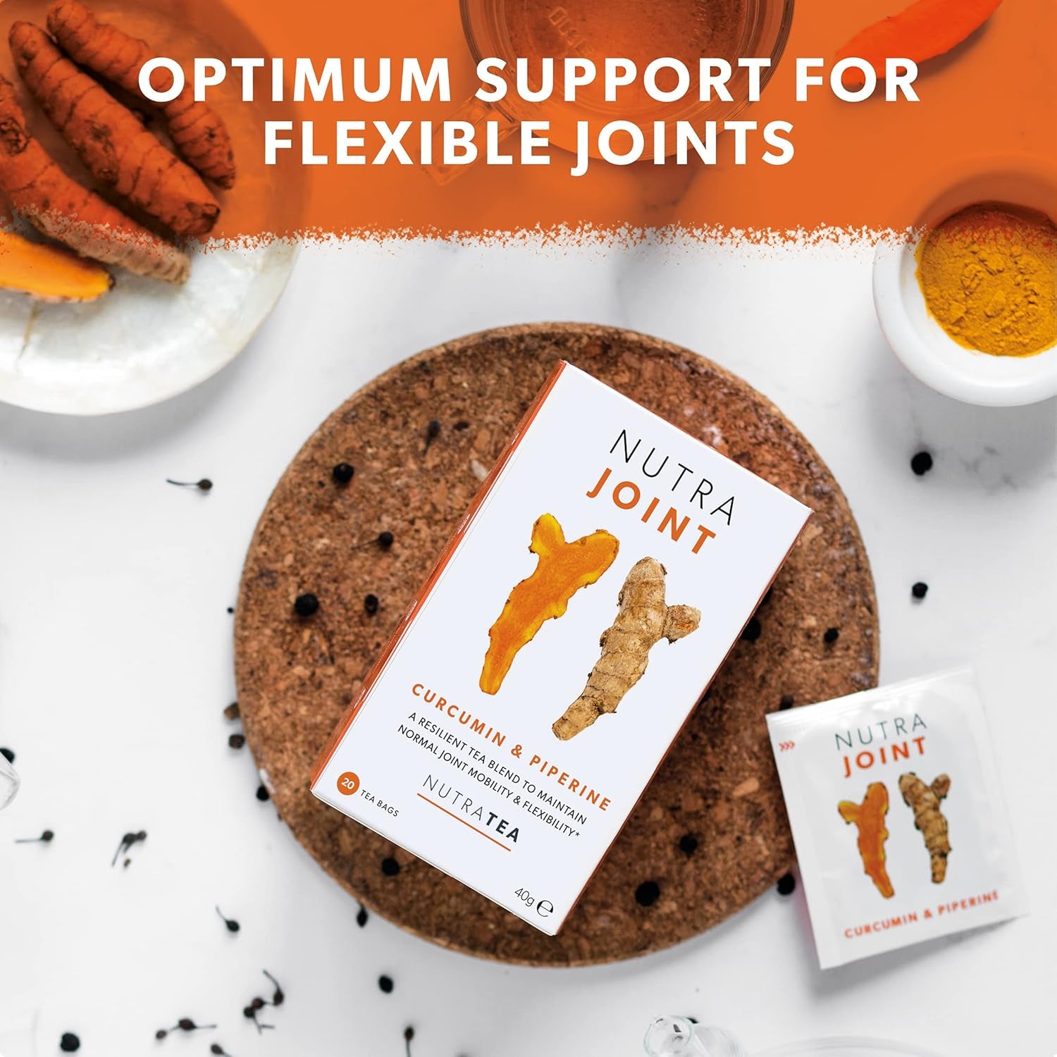 NUTRAJOINT - Joint Care Tea | Helps Improve Mobility & Flexibility - with Turmeric, Green Tea & Black Pepper - 20 Enveloped Tea Bags - by Nutra Tea