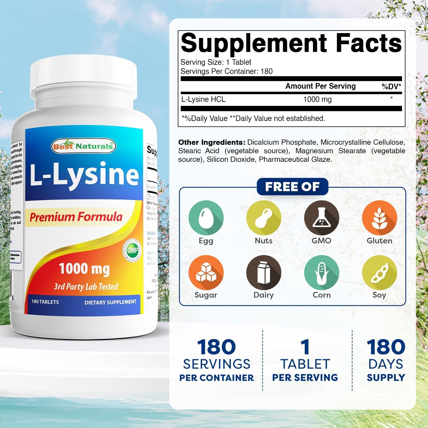 Best Naturals L-Lysine 1000 Mg 180 Tablets