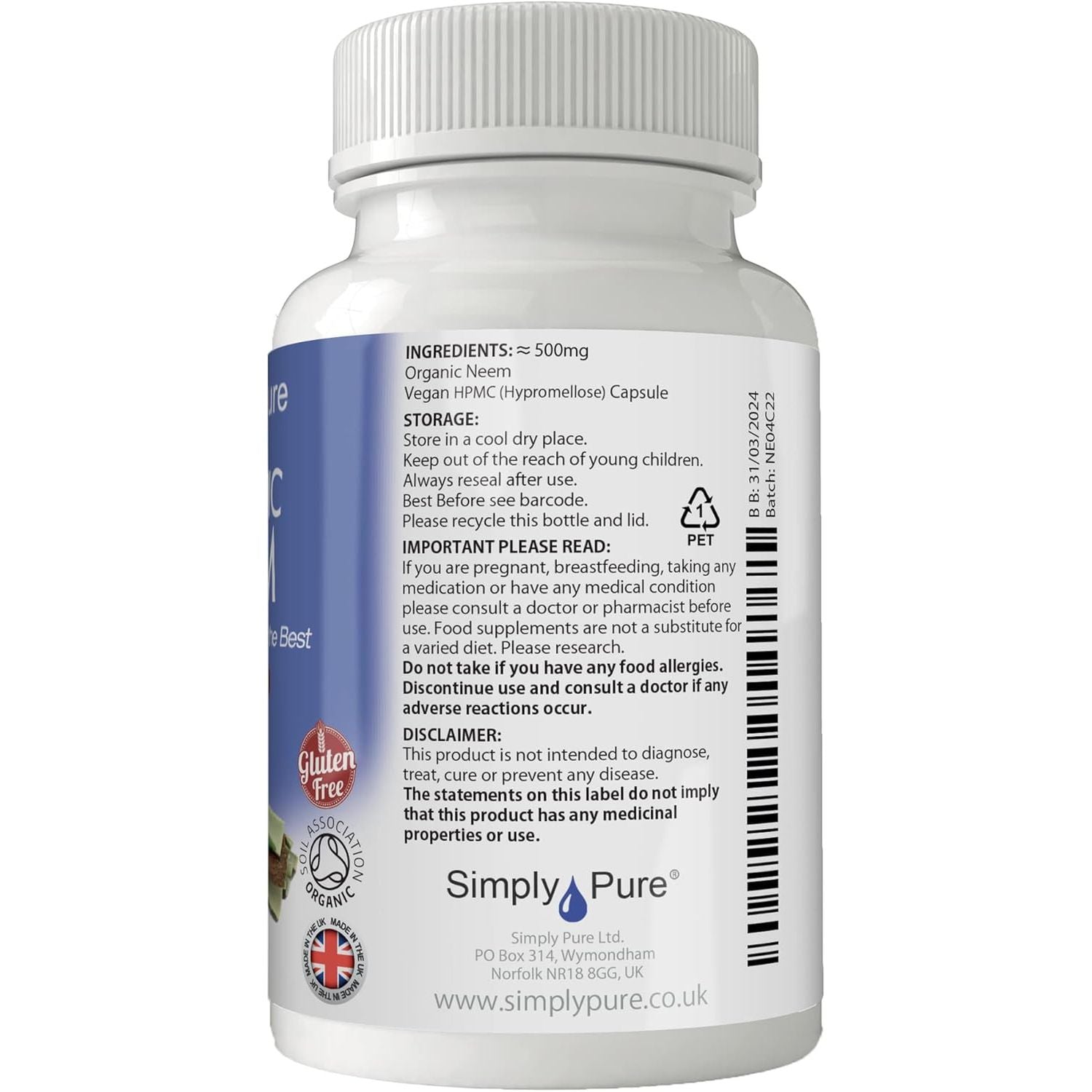 Simply Pure Organic Neem Capsules for Natural Detox & Oral Health | 500Mg X 90 Capsules | 100% Pure Soil Association Certified | Gluten Free | GM Free | Vegan